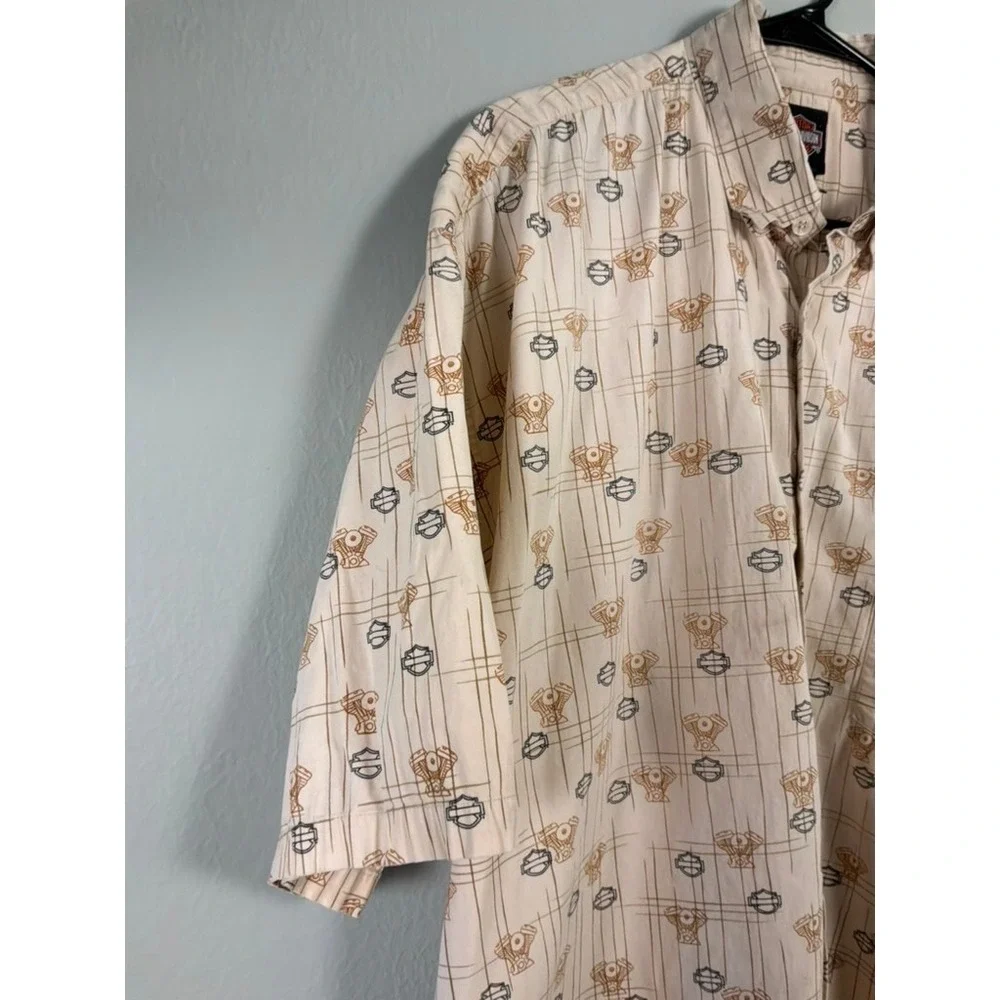 Harley Davidson Button Down Shirt Mens XL Beige All Over Print Short Sleeve - Picture 3 of 5